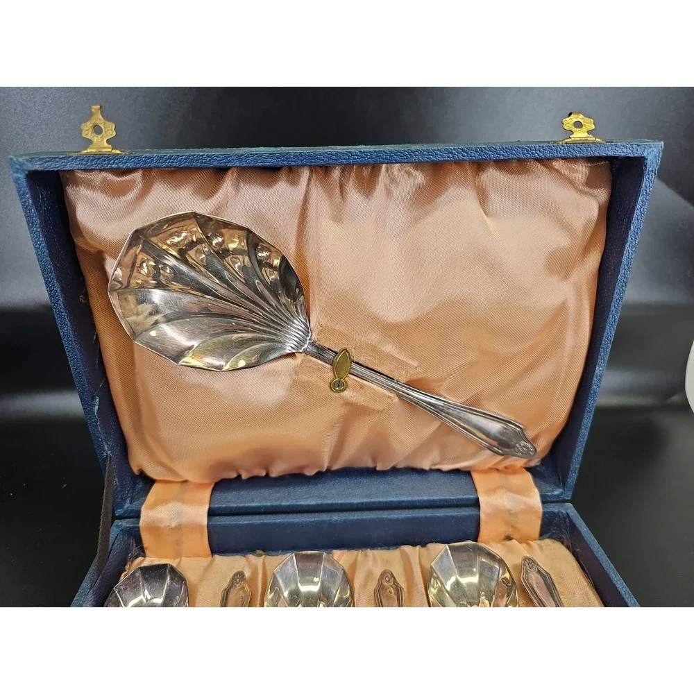 Vintage English Berry Dessert Spoon Set 7 Piece in Case EPNS Silver-Plate